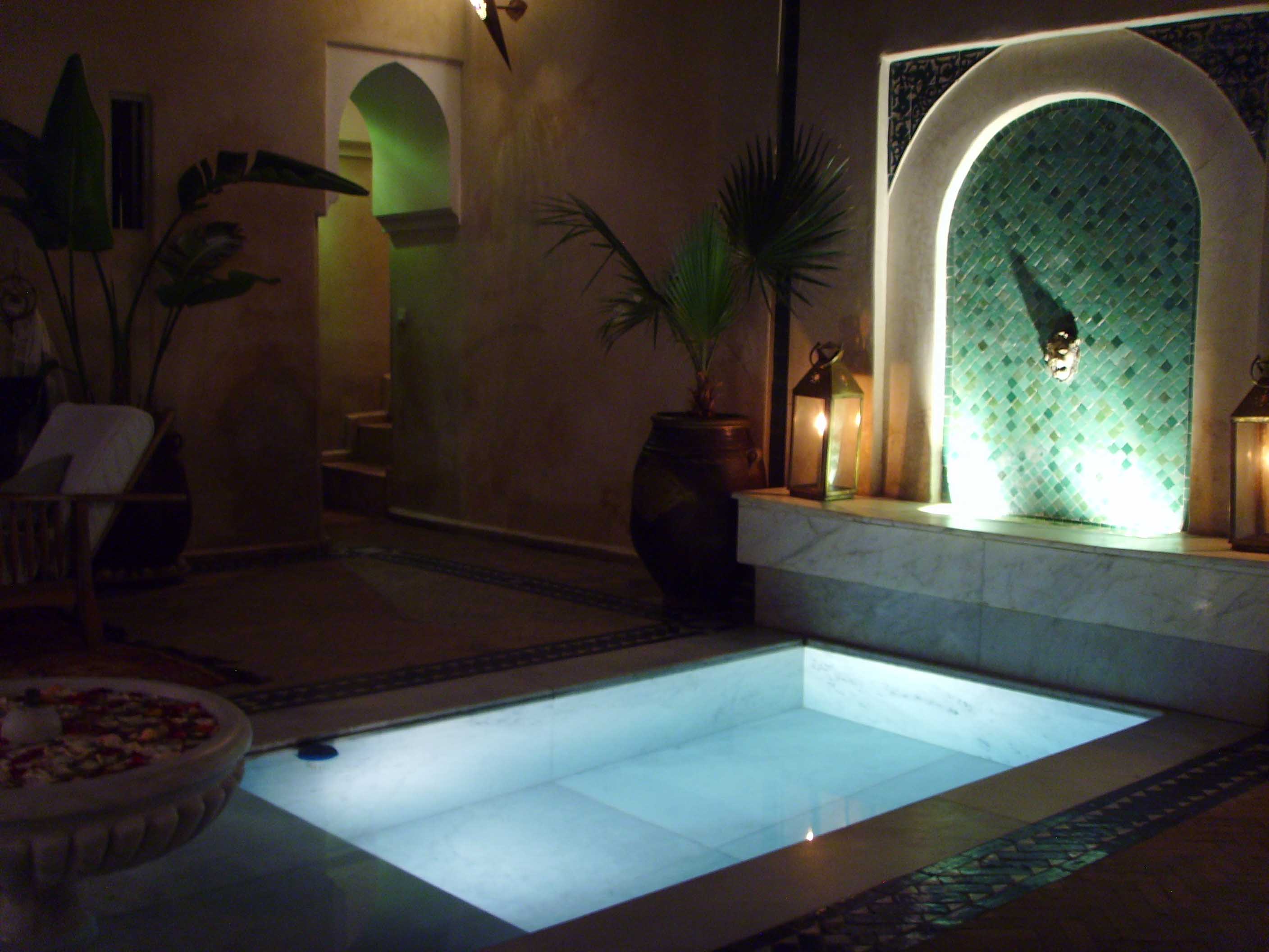 patio and pool at night